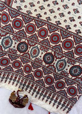 White Color Ajrakh Print With Mirror Work And Latkan Japan Satin Saree 2
