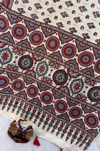 White Color Ajrakh Print With Mirror Work And Latkan Japan Satin Saree