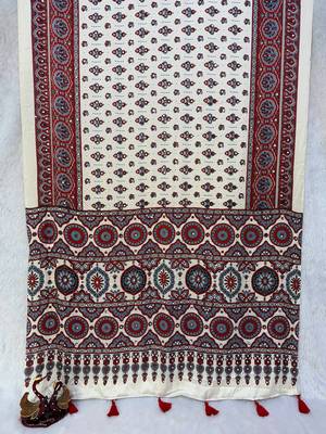 White Color Ajrakh Print With Mirror Work And Latkan Japan Satin Saree 3