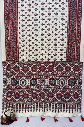 White Color Ajrakh Print With Mirror Work And Latkan Japan Satin Saree