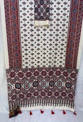 White Color Ajrakh Print With Mirror Work And Latkan Japan Satin Saree 4