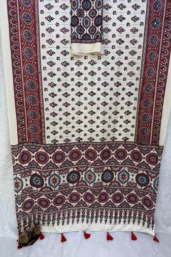 White Color Ajrakh Print With Mirror Work And Latkan Japan Satin Saree