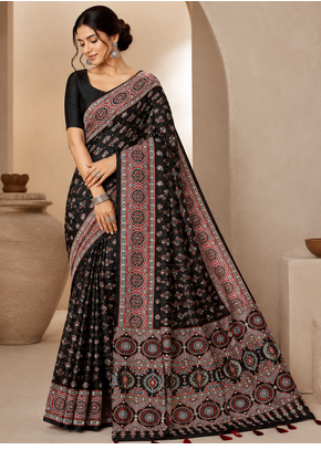 Black Color Ajarakh Print With Mirror Work And Latkan Japan Satin Saree 1