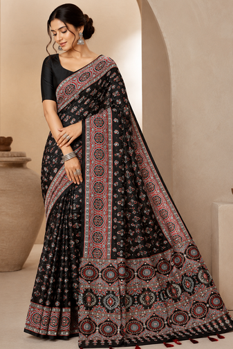 Black Color Ajarakh Print With Mirror Work And Latkan Japan Satin Saree