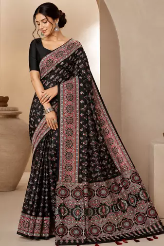 Black Color Ajarakh Print With Mirror Work And Latkan Japan Satin Saree