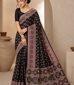 Black Color Ajarakh Print With Mirror Work And Latkan Japan Satin Saree