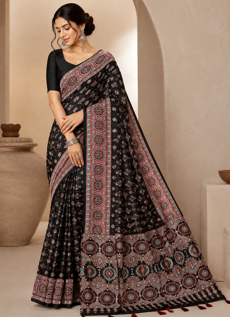 Black Color Ajarakh Print With Mirror Work And Latkan Japan Satin Saree