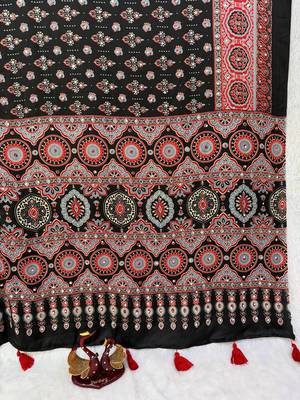 Black Color Ajarakh Print With Mirror Work And Latkan Japan Satin Saree 2