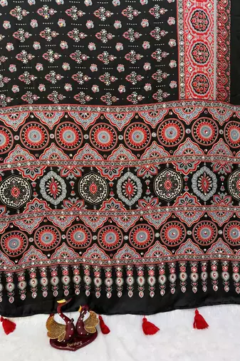Black Color Ajarakh Print With Mirror Work And Latkan Japan Satin Saree