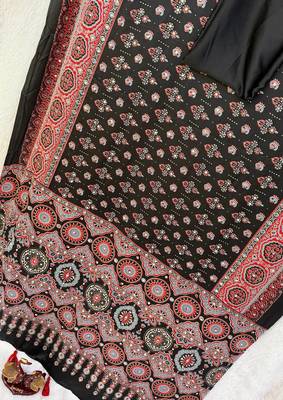 Black Color Ajarakh Print With Mirror Work And Latkan Japan Satin Saree 3