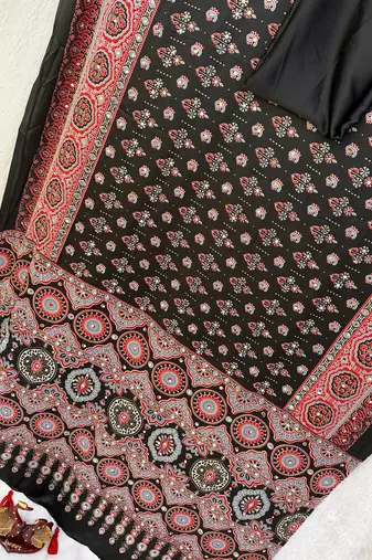 Black Color Ajarakh Print With Mirror Work And Latkan Japan Satin Saree