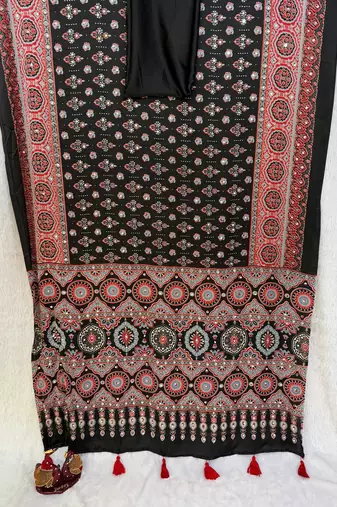 Black Color Ajarakh Print With Mirror Work And Latkan Japan Satin Saree