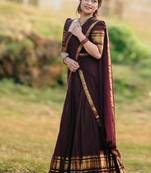 Deep Maroon Kanjivaram Silk Half Saree – Traditional Gold Zari Weaving Langa Voni Set For Women's
