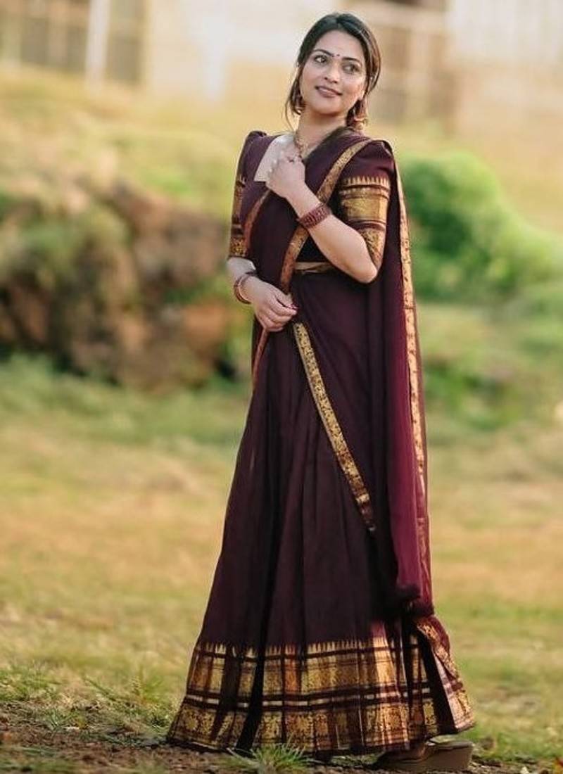 Deep Maroon Kanjivaram Silk Half Saree – Traditional Gold Zari Weaving Langa Voni Set For Women's
