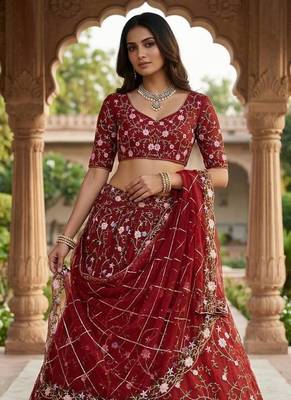 RED NET PARTY WEAR EMBROIDERY LEHENGA CHOLI 2