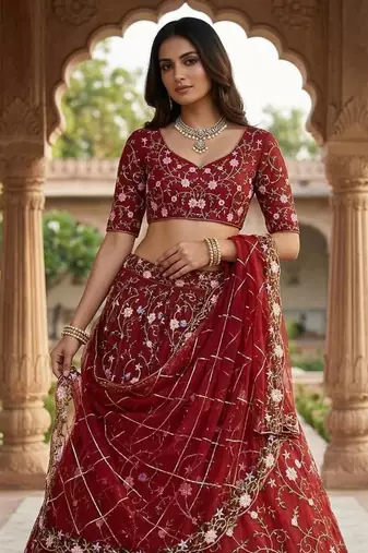 RED NET PARTY WEAR EMBROIDERY LEHENGA CHOLI