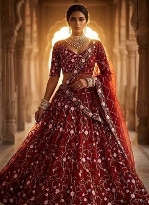 RED NET PARTY WEAR EMBROIDERY LEHENGA CHOLI 1