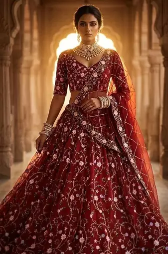 RED NET PARTY WEAR EMBROIDERY LEHENGA CHOLI