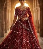 RED NET PARTY WEAR EMBROIDERY LEHENGA CHOLI