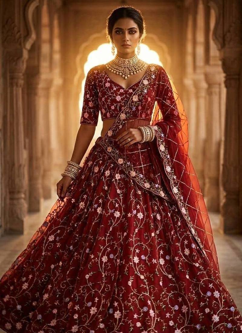 RED NET PARTY WEAR EMBROIDERY LEHENGA CHOLI