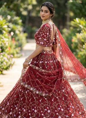 RED NET PARTY WEAR EMBROIDERY LEHENGA CHOLI 3