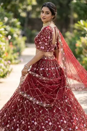 RED NET PARTY WEAR EMBROIDERY LEHENGA CHOLI
