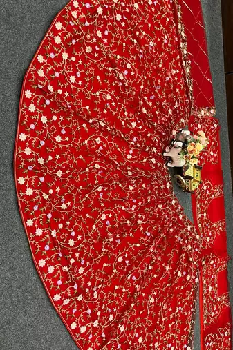 RED NET PARTY WEAR EMBROIDERY LEHENGA CHOLI