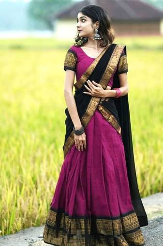 Wine & Black Kanjivaram Silk Half Saree – Traditional Zari Weaving Langa Voni Set For Women's