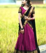 Wine & Black Kanjivaram Silk Half Saree – Traditional Zari Weaving Langa Voni Set For Women's