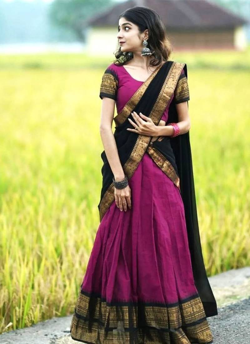 Wine & Black Kanjivaram Silk Half Saree – Traditional Zari Weaving Langa Voni Set For Women's