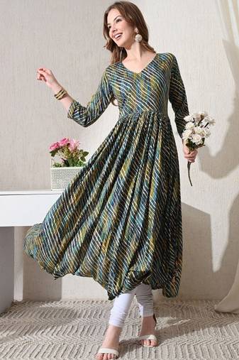 Blue striped printed rayon a-line pleated kurta