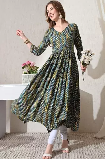 Blue striped printed rayon a-line pleated kurta