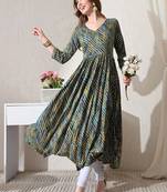 Blue striped printed rayon a-line pleated kurta