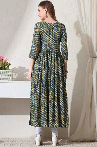 Blue striped printed rayon a-line pleated kurta