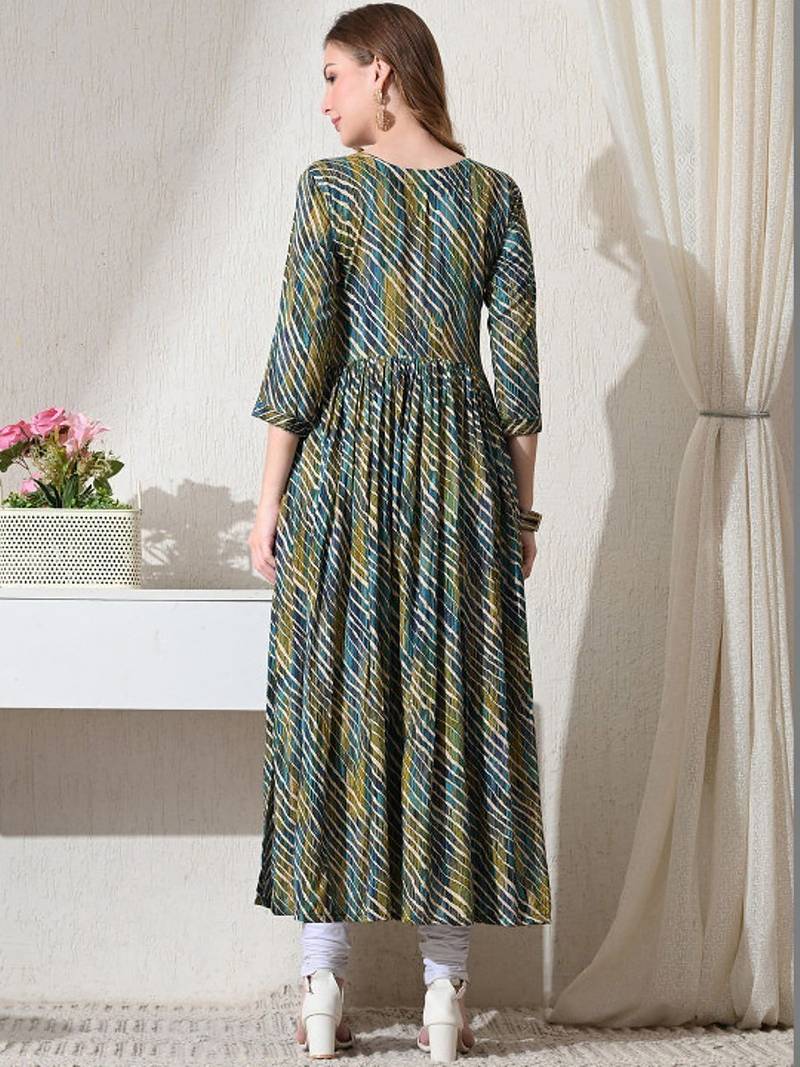 Blue striped printed rayon a-line pleated kurta