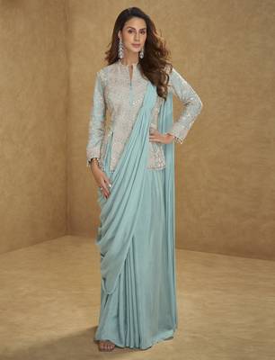 Ice mint blue color real chinon embroidered suit set with tassel lace 1