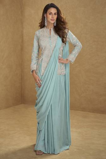 Ice mint blue color real chinon embroidered suit set with tassel lace