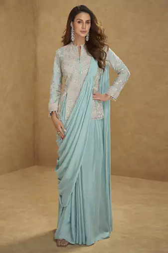 Ice mint blue color real chinon embroidered suit set with tassel lace