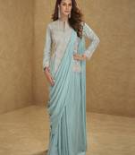 Ice mint blue color real chinon embroidered suit set with tassel lace