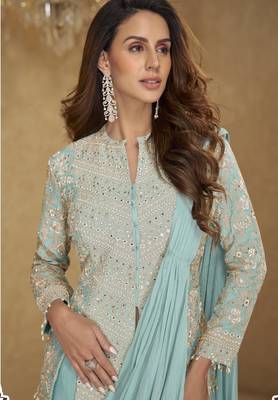Ice mint blue color real chinon embroidered suit set with tassel lace 2