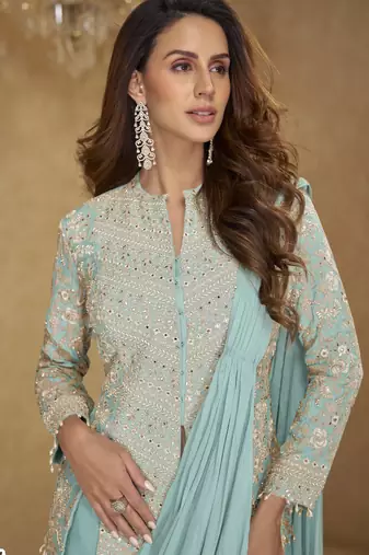 Ice mint blue color real chinon embroidered suit set with tassel lace