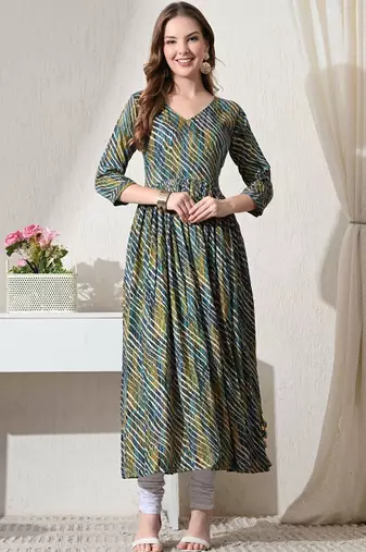 Blue striped printed rayon a-line pleated kurta