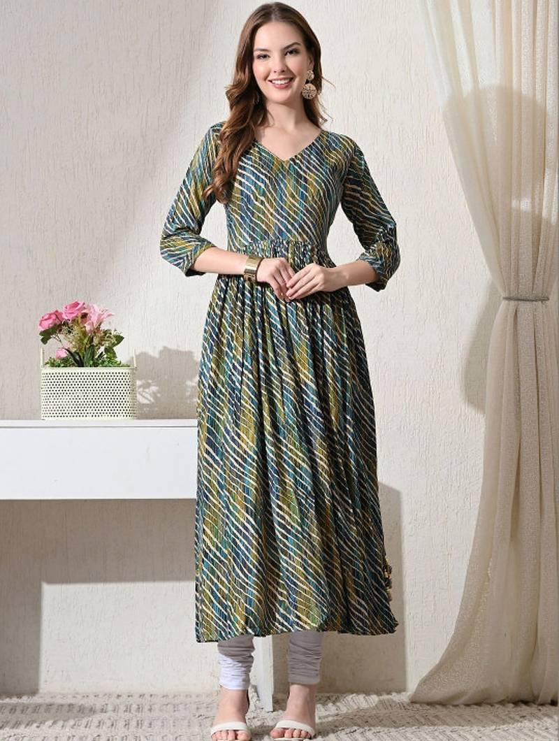 Blue striped printed rayon a-line pleated kurta