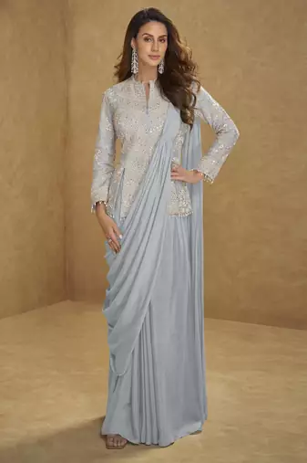 Blue color real chinon embroidered suit set with tassel lace