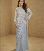 Blue color real chinon embroidered suit set with tassel lace