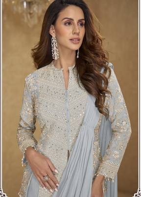 Blue color real chinon embroidered suit set with tassel lace 2