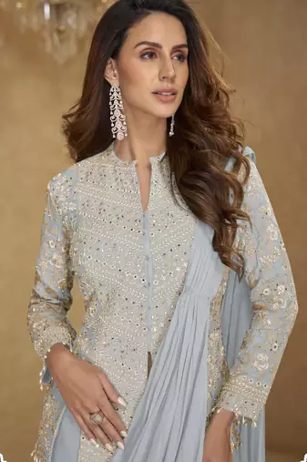 Blue color real chinon embroidered suit set with tassel lace
