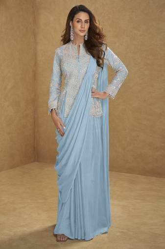 Sky blue color real chinon embroidered suit set with tassel lace