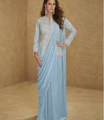 Sky blue color real chinon embroidered suit set with tassel lace
