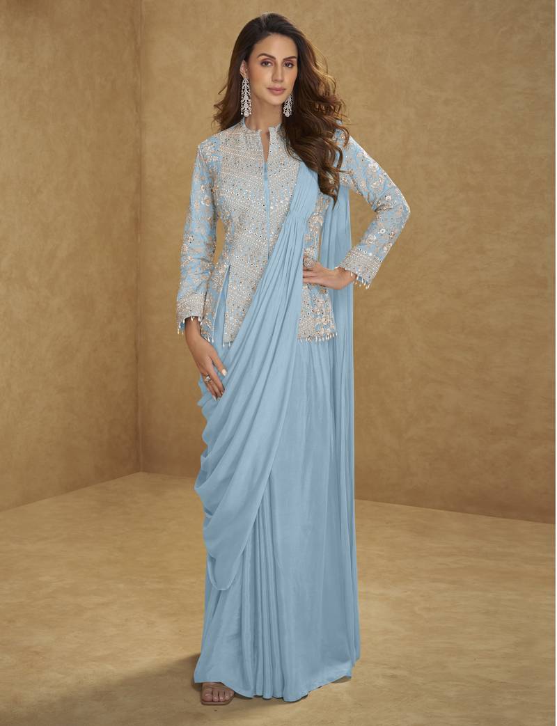 Sky blue color real chinon embroidered suit set with tassel lace